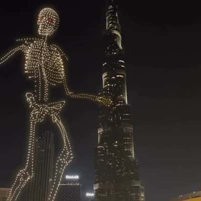 Skeleton Drone Show at Burj Khalifa in a fake-out-of-home ad of Dubai