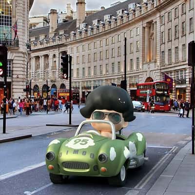 Character Drives on London Street in a fake-out-of-home ad of POP MART