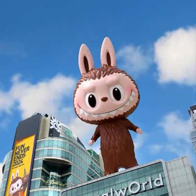 Labubu Leaping Above Shopping Center in a fake-out-of-home ad of POP MART