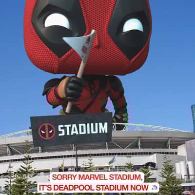 Deadpool Flashy Rising from Stadium in a fake-out-of-home ad of Marvel