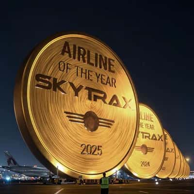 Airways Trophies Line Up on Tarmac in a fake-out-of-home ad of Qatar Airways