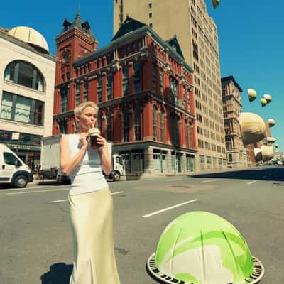 Coffee Pods Cruising Above the City in a fake-out-of-home ad of Nespresso