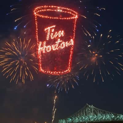 Coffee Cup Fireworks Display in a fake-out-of-home ad of Tim Hortons