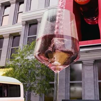 Bottle Pours into Glass on Wagon in a fake-out-of-home ad of Schweppes