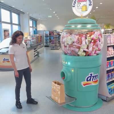 Gumball Dispenser Releases Beauty Products in a fake-out-of-home ad of DM