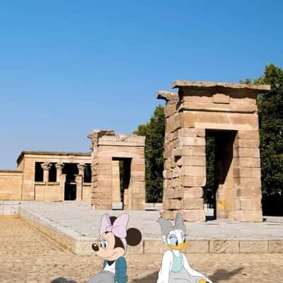 Minnie and Daisy Spotted at Temple of Debod in a fake-out-of-home ad of Disney