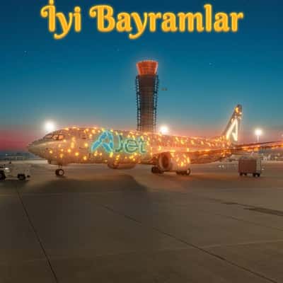 Plane Covered with Glowing Crescent Moons in a fake-out-of-home ad of AJet