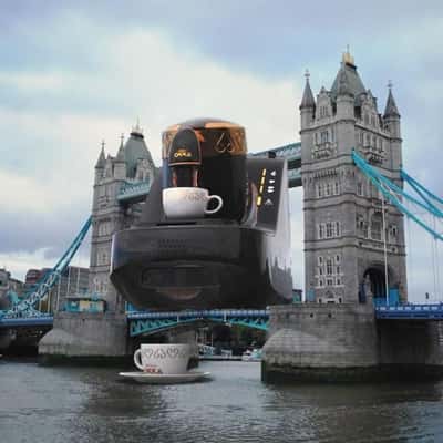 Coffee Cup Floating on River in London in a fake-out-of-home ad of Arzum OKKA