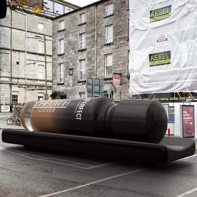 Foundation Bottle Rolling on Wheels in a fake-out-of-home ad of BPerfect Cosmetics