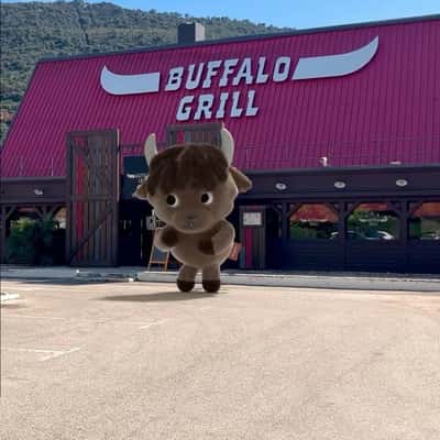 Mascot Dancing at Restaurant in a fake-out-of-home ad of Buffalo Grill