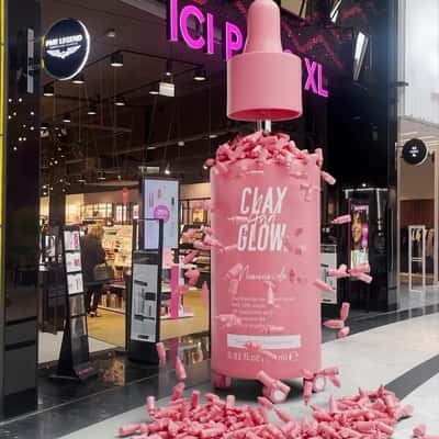 Serum on Wheels Drops Serum at Store in a fake-out-of-home ad of Clay and Glow
