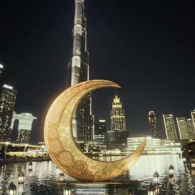Golden Crescent Moon Lands on Lake in a fake-out-of-home ad of Dubai Mall