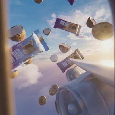 Cookies and Coconuts Float in the Sky in a fake-out-of-home ad of Elite Supps Australia