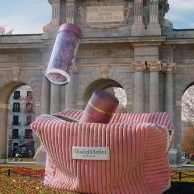 Skincare Products Drops on Bag in a fake-out-of-home ad of Elizabeth Arden 