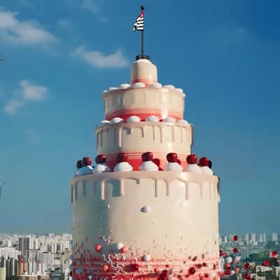 Skyscraper Turned into Layered Cake in a fake-out-of-home ad of Farol Santander