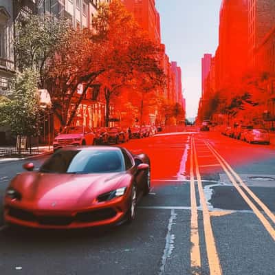 Car Paints the City Red in a fake-out-of-home ad of Ferrari