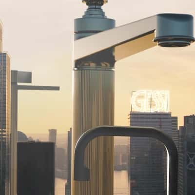 Faucets Towering Along Skyscrapers in a fake-out-of-home ad of Gessi
