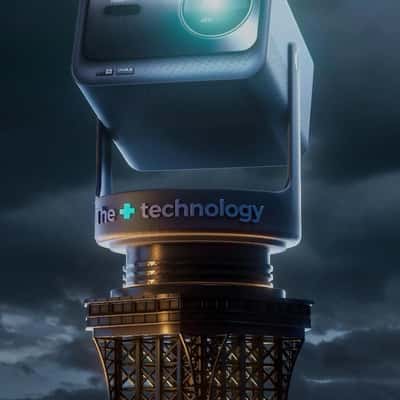 Projector on Eiffel Tower Beams Logo in a fake-out-of-home ad of Hisense