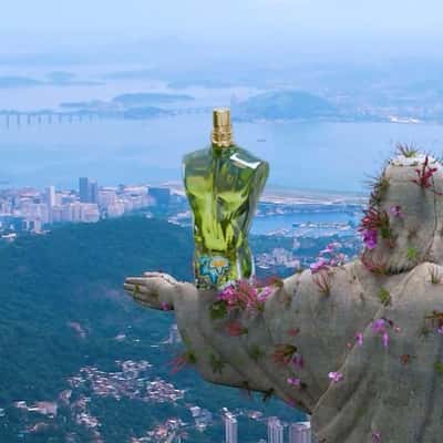 Flowers Bloom at Statue in a fake-out-of-home ad of Jean Paul Gaultier