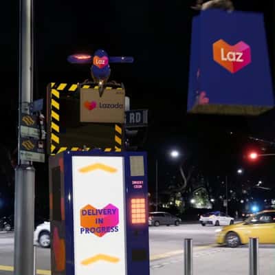 Vending Machine Sends Boxes by Drones in a fake-out-of-home ad of Lazada