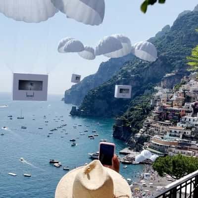 Parachutes Deliver Shoe Boxes in a fake-out-of-home ad Level Shoes