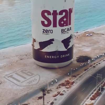 Energy Drink Can Tower at the Bay in a fake-of-home-ad of Life Star