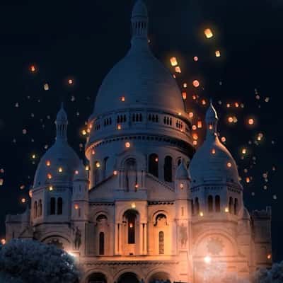 Sky Lanterns Rise at Basilica in a fake-out-of-home ad of Maison 123