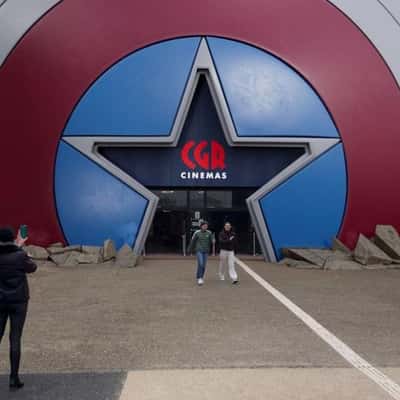 Captain America Shield-Themed Facade in a fake-out-of-home ad of CGR Cinémas