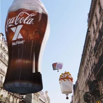 Burger Hot Air Balloons Fly Over City in a fake-out-of-home ad of McDonald's