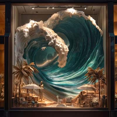 Waves Crashing in Window Display in a fake-out-of-home ad of AMIRI