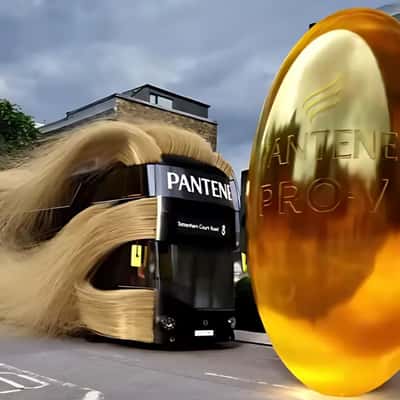 Bus with Frizzy Hair Transformation in fake-out-of-home ad of Pantene