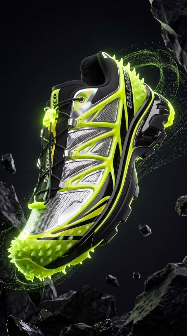Salomon x NVIDIA trail shoe concept floating in a dark volcanic void