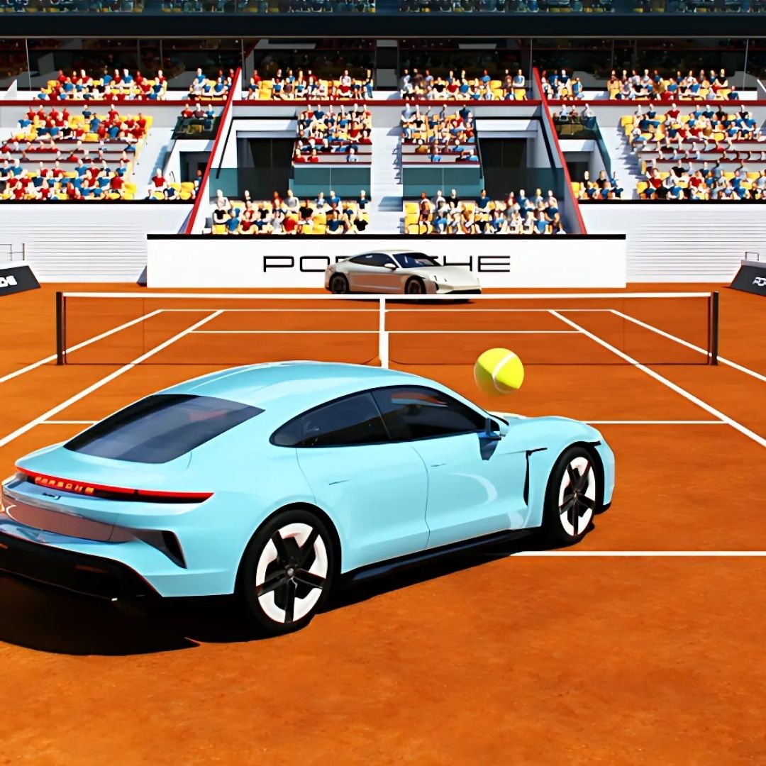 Porsche Taycan Turbo S lawn tennis showdown fake-out-of-home ad of Porsche