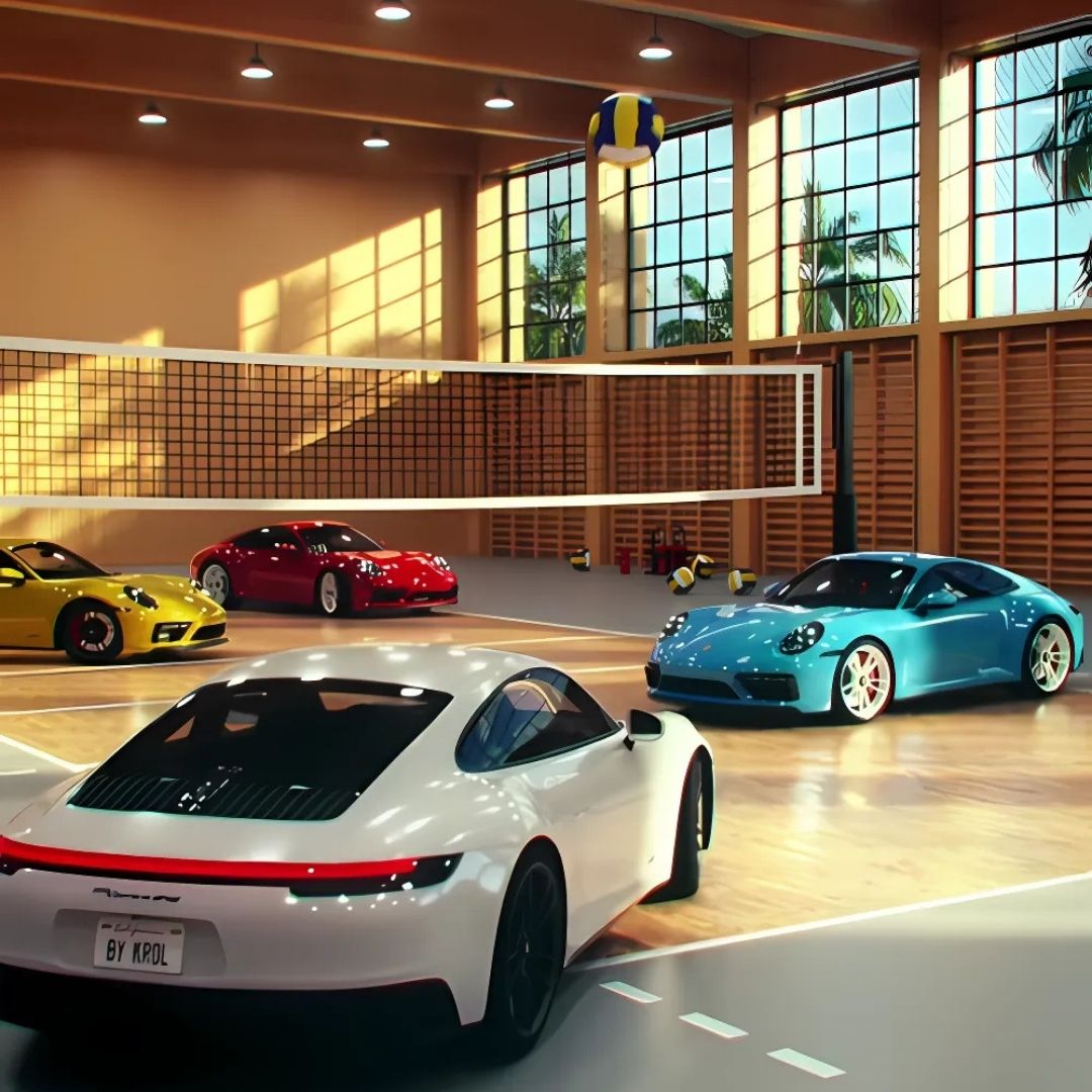Cars Fun Volleyball Match in fake-out-of-home ad of Porsche