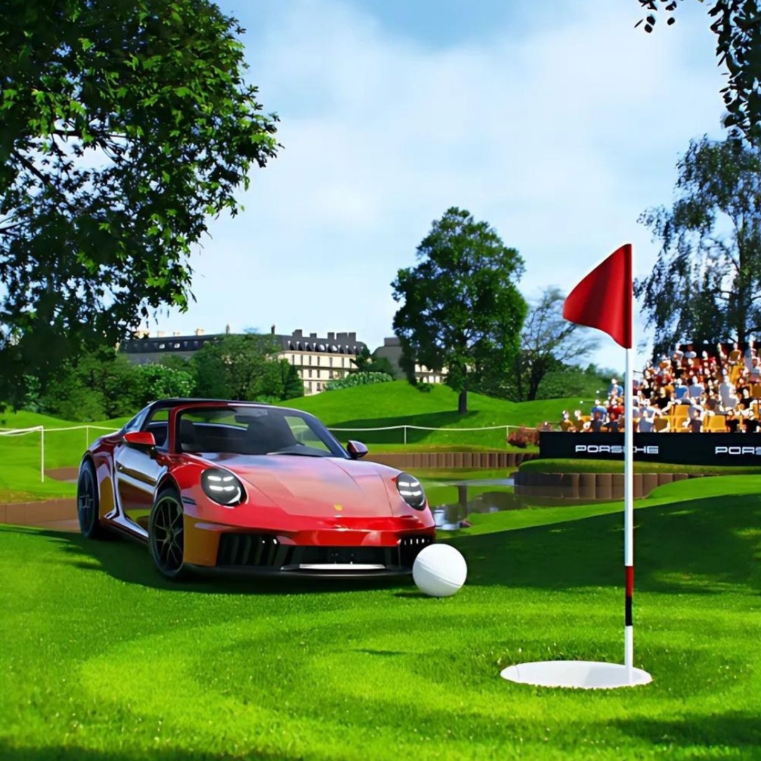Oversized golf ball fake out of home ad of Porsche
