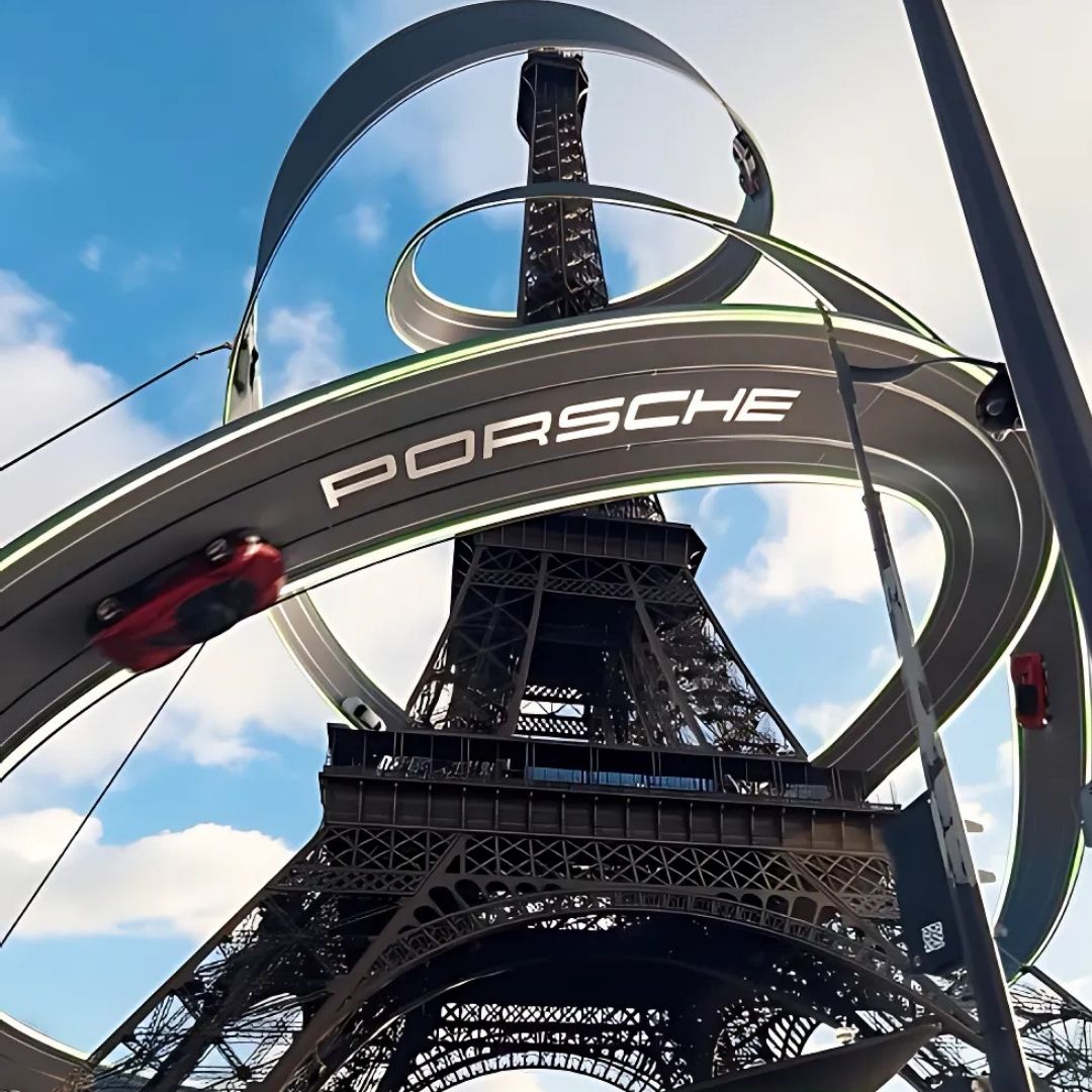 Taycan Roller Coaster Race in Eiffel Tower fake-out-of-home ad of Porsche 