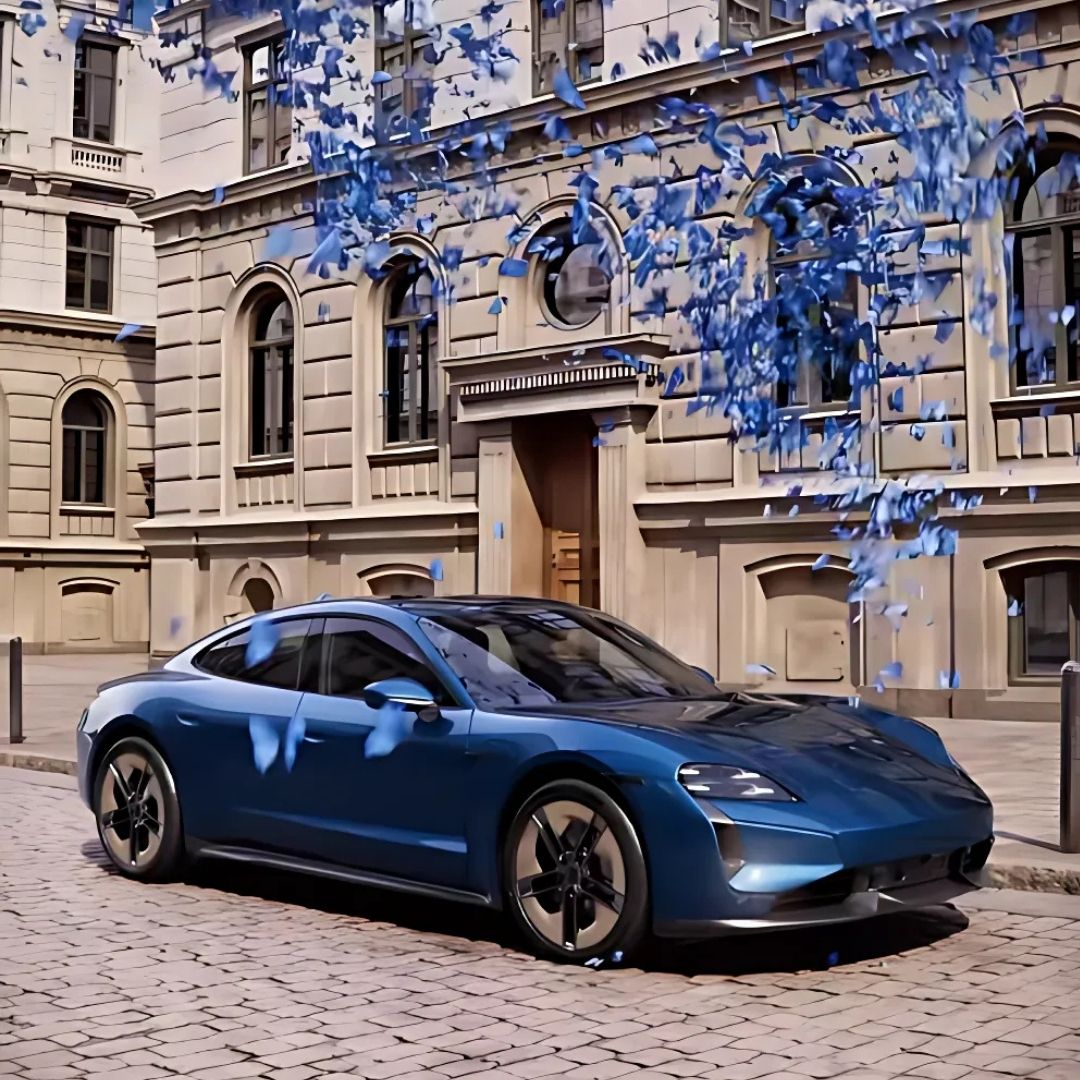Porsche Taycan revealed blue butterflies fake-out-of-home ad of Porsche